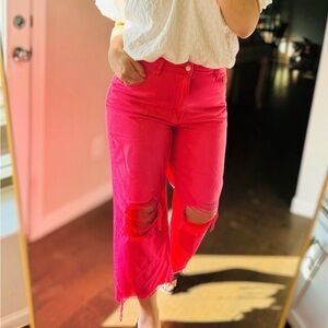 VERVET BY FLYING MONKEY Hot Pink Distressed Cropped Jeans